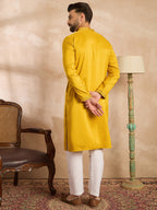 Men Yellow Silk Blend Geometric Embroidered Straight Kurta-MKU1688