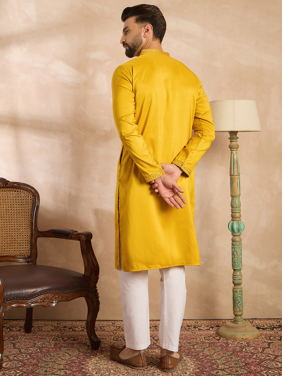 Men Yellow Silk Blend Geometric Embroidered Straight Kurta-MKU1688