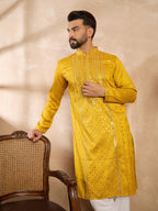 Men Yellow Silk Blend Geometric Embroidered Straight Kurta-MKU1688
