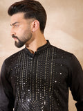 Men Black Silk Blend Geometric Embroidered Straight Kurta-MKU1689