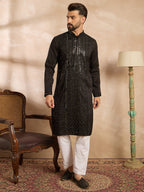 Men Black Silk Blend Geometric Embroidered Straight Kurta-MKU1689