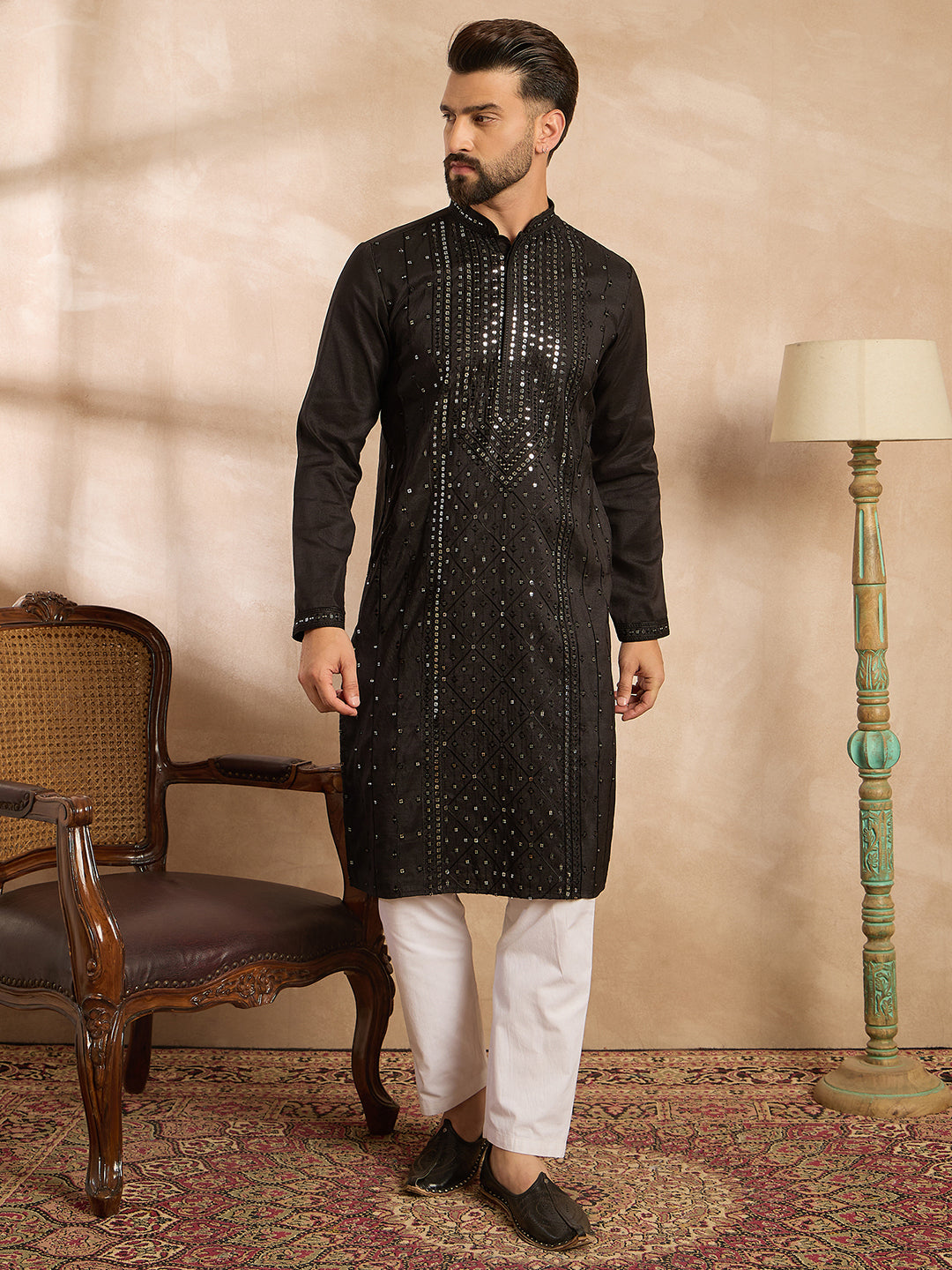 Men Black Silk Blend Geometric Embroidered Straight Kurta-MKU1689