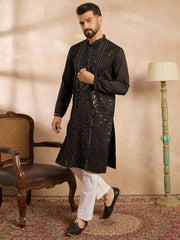 Men Black Silk Blend Geometric Embroidered Straight Kurta-MKU1689