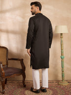Men Black Silk Blend Geometric Embroidered Straight Kurta-MKU1689