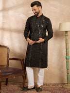 Men Black Silk Blend Geometric Embroidered Straight Kurta-MKU1689