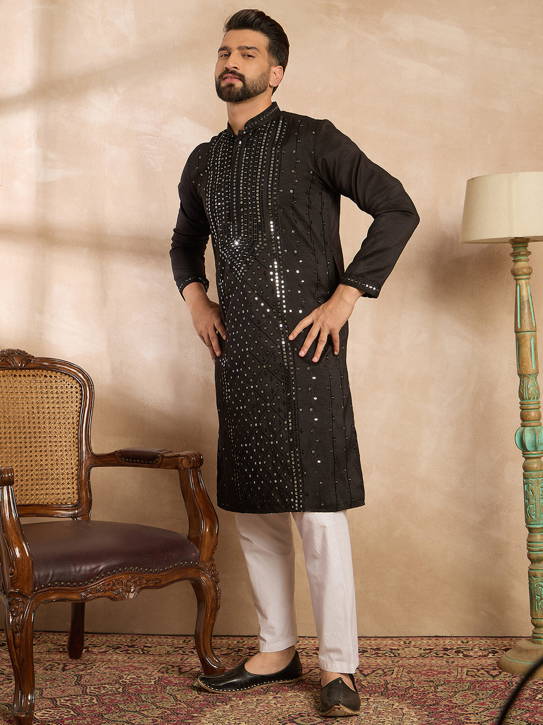 Men Black Silk Blend Geometric Embroidered Straight Kurta-MKU1689