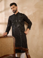 Men Black Silk Blend Geometric Embroidered Straight Kurta-MKU1689