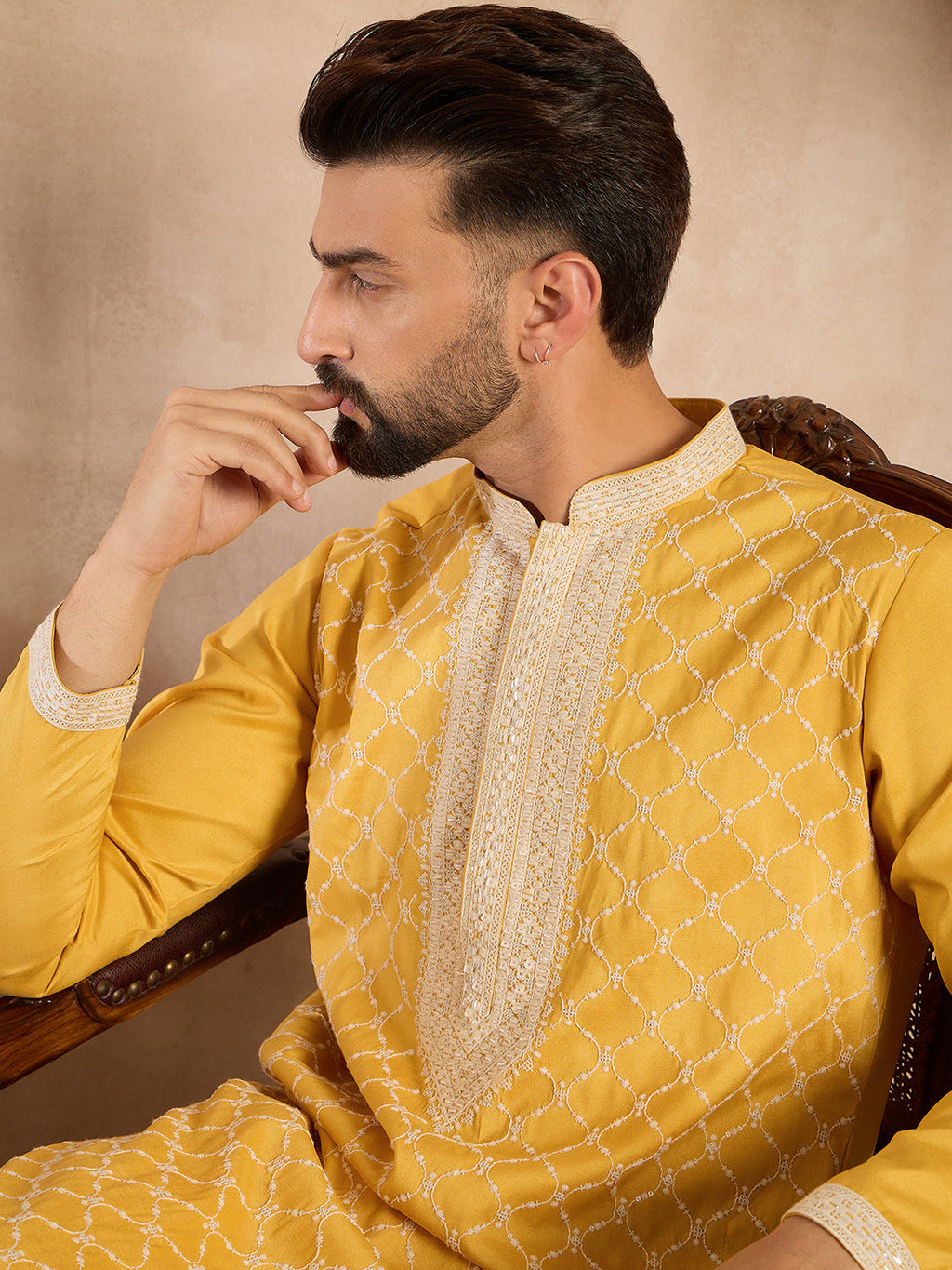Men Yellow Silk Blend Solid Embroidered Straight Kurta-MKU1691