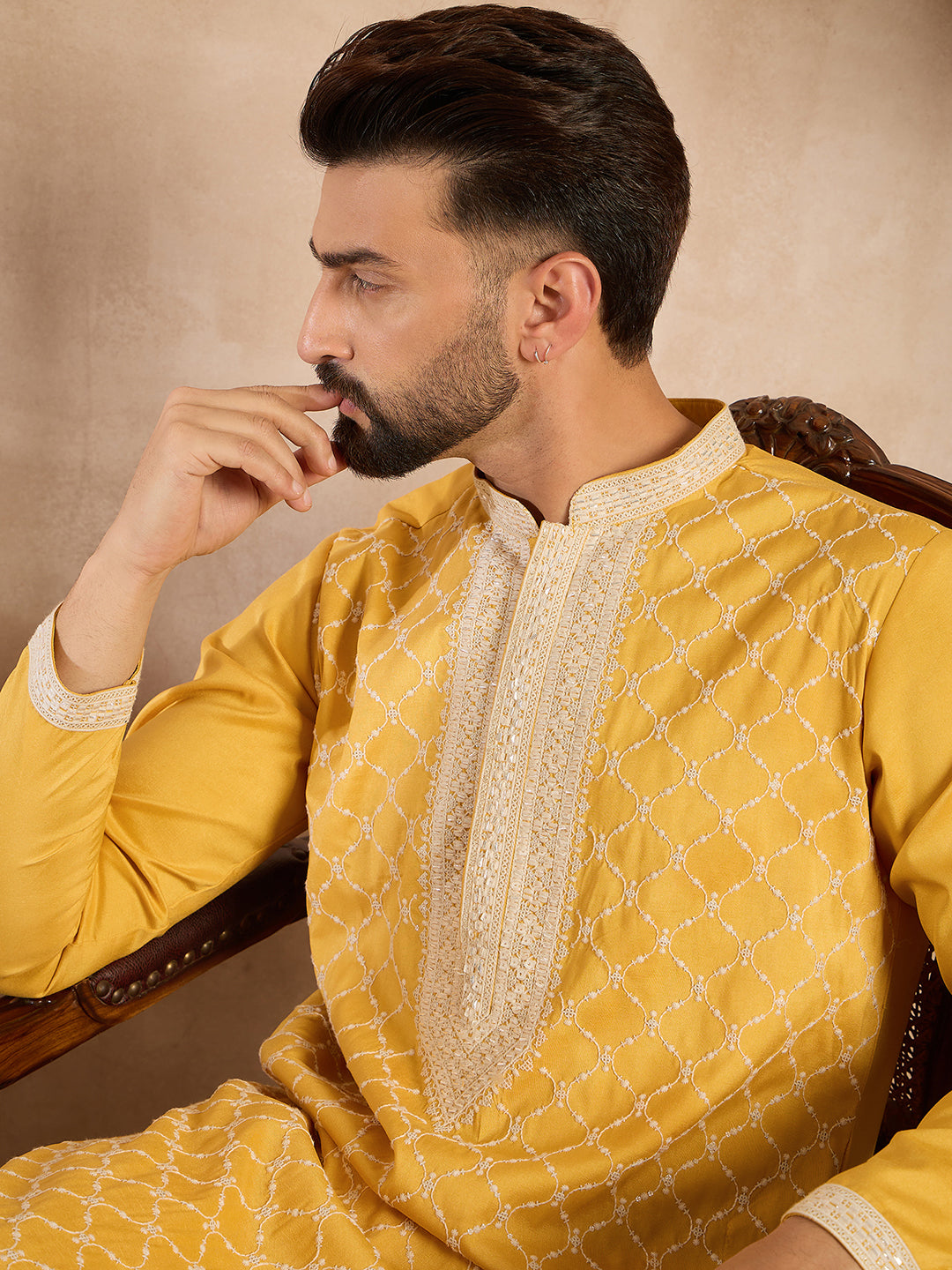 Men Yellow Silk Blend Solid Embroidered Straight Kurta-MKU1691