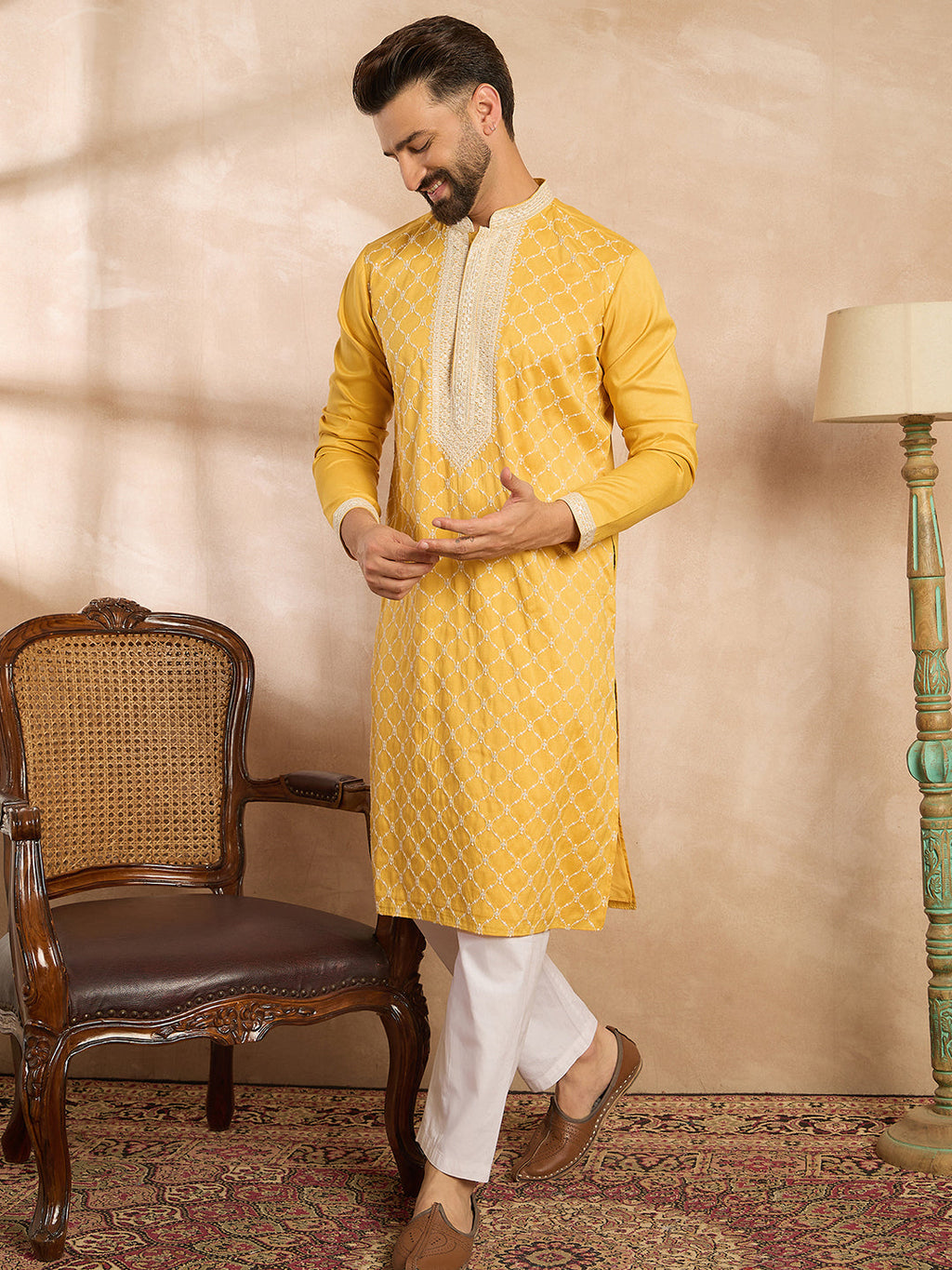 Men Yellow Silk Blend Solid Embroidered Straight Kurta-MKU1691