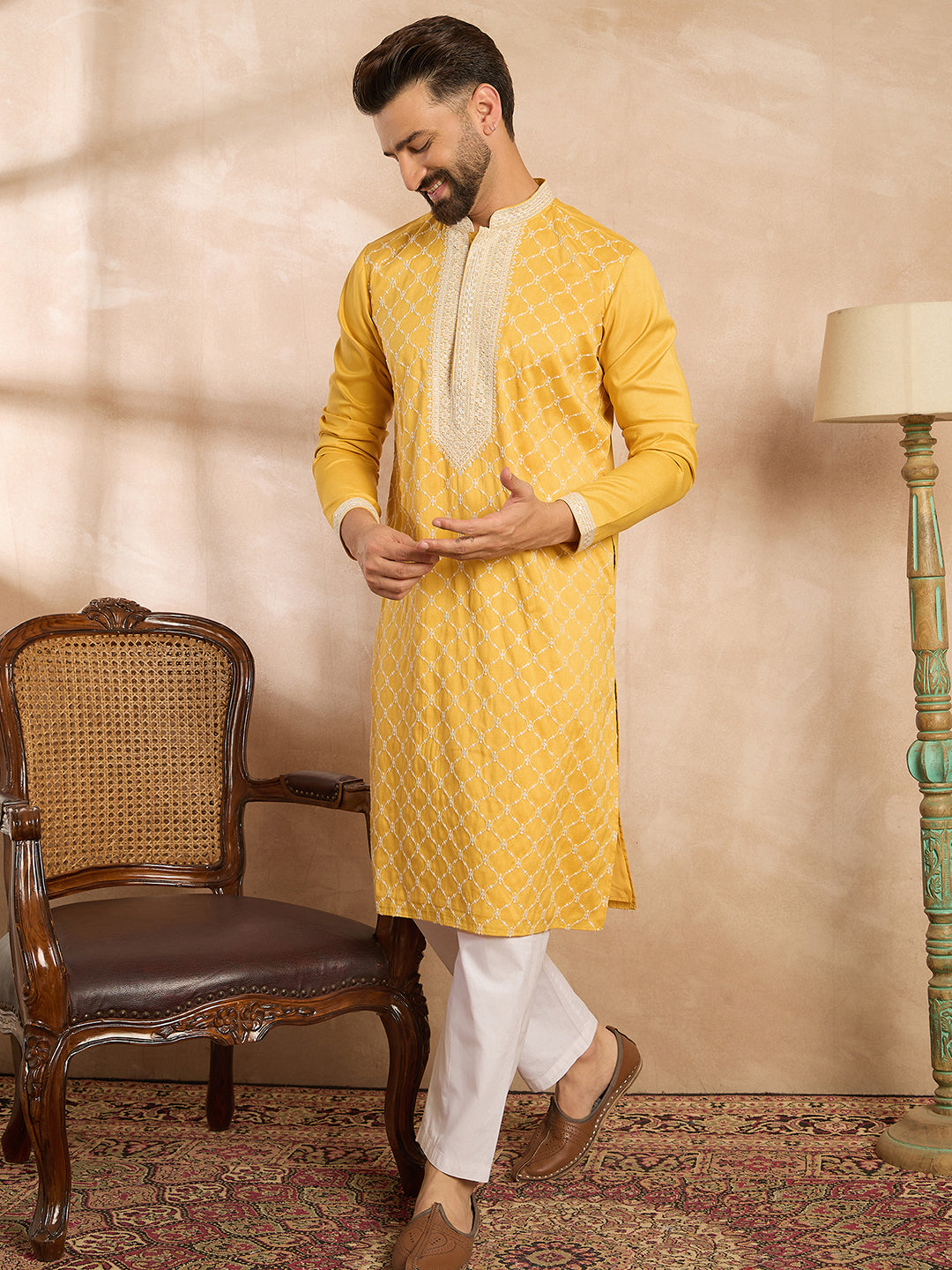 Men Yellow Silk Blend Solid Embroidered Straight Kurta-MKU1691