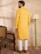 Men Yellow Silk Blend Solid Embroidered Straight Kurta-MKU1691