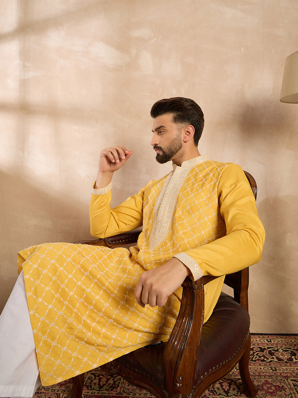 Men Yellow Silk Blend Solid Embroidered Straight Kurta-MKU1691