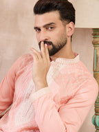 Men Pink Silk Blend Ethnic Motifs Embroidered Straight Kurta-MKU1692