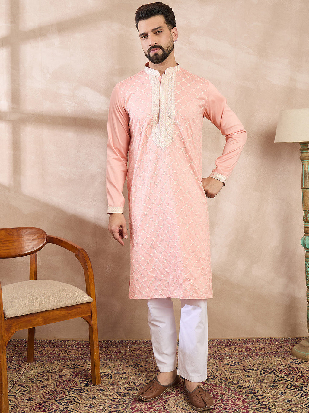 Men Pink Silk Blend Ethnic Motifs Embroidered Straight Kurta-MKU1692