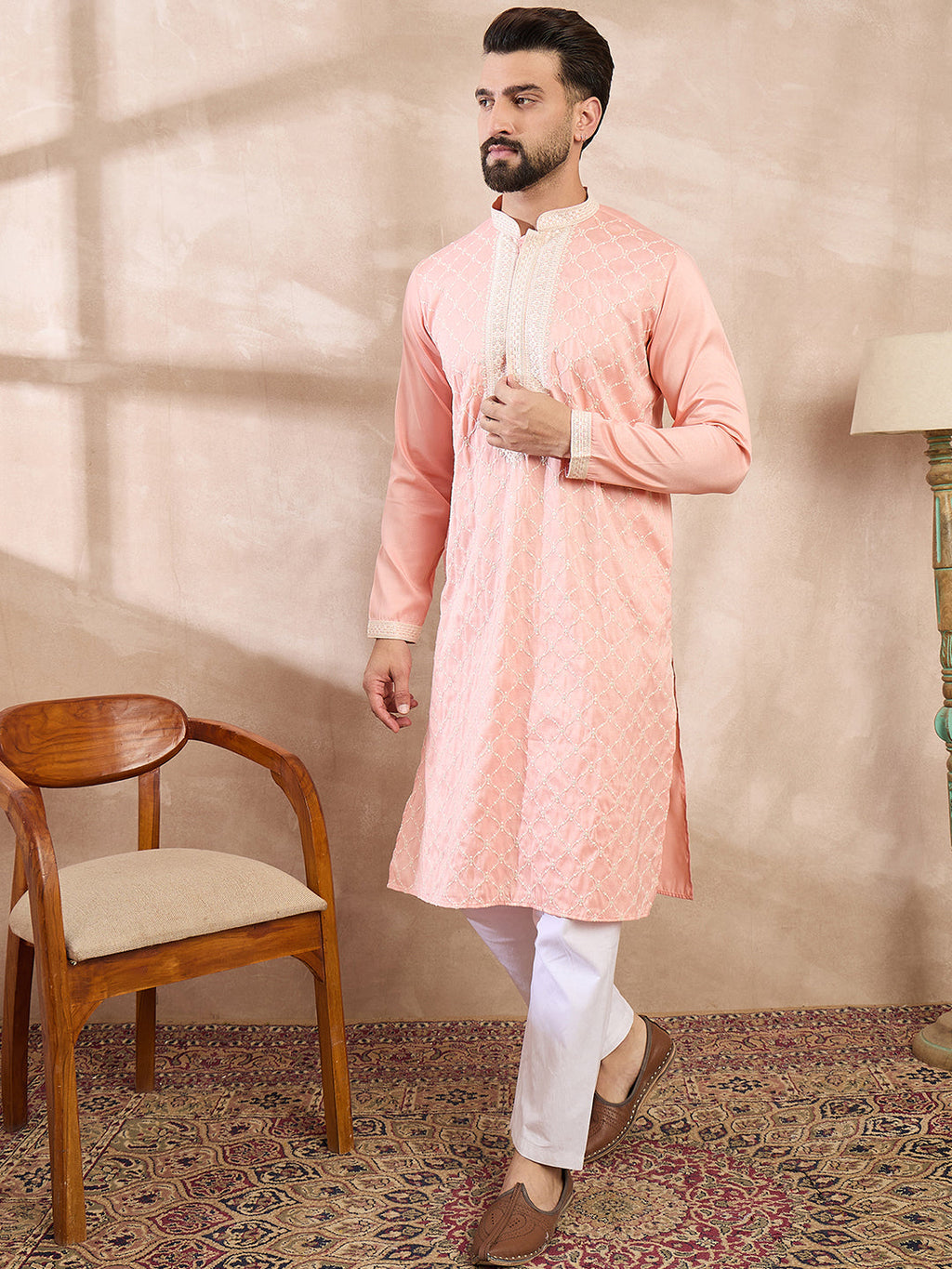 Men Pink Silk Blend Ethnic Motifs Embroidered Straight Kurta-MKU1692