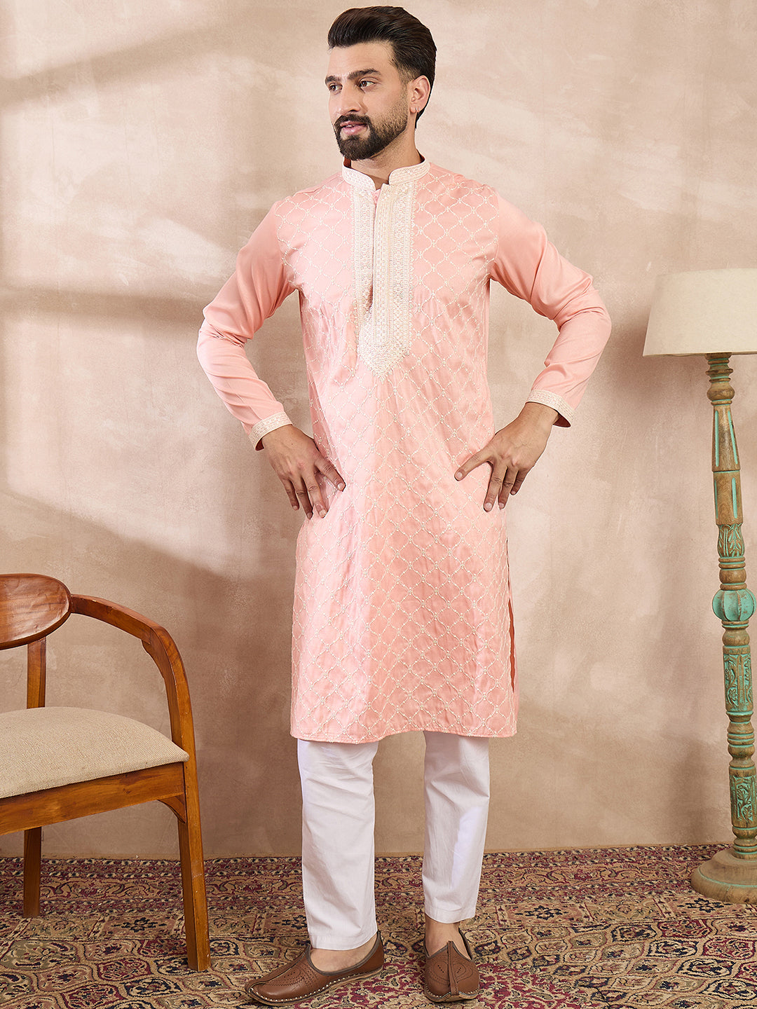 Men Pink Silk Blend Ethnic Motifs Embroidered Straight Kurta-MKU1692
