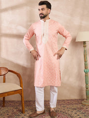 Men Pink Silk Blend Ethnic Motifs Embroidered Straight Kurta-MKU1692