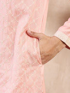 Men Pink Silk Blend Ethnic Motifs Embroidered Straight Kurta-MKU1692