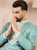 Men Teal Silk Blend Geometric Embroidered Straight Kurta-MKU1693
