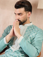 Men Teal Silk Blend Geometric Embroidered Straight Kurta-MKU1693