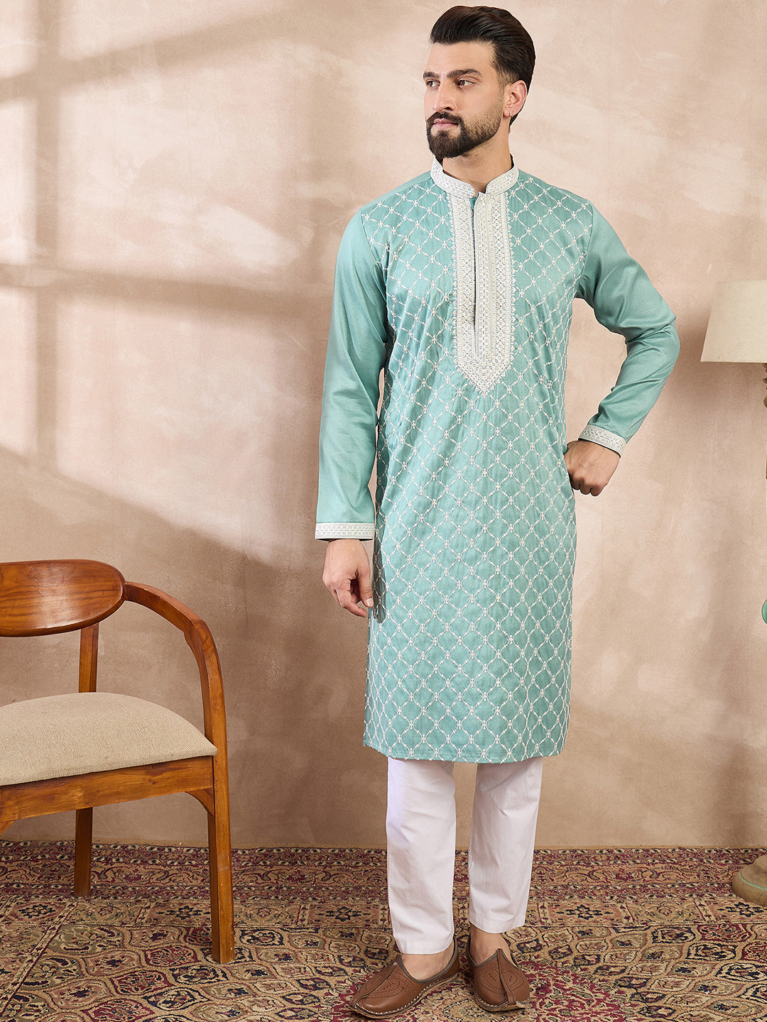 Men Teal Silk Blend Geometric Embroidered Straight Kurta-MKU1693
