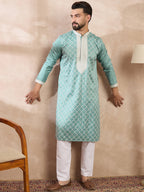 Men Teal Silk Blend Geometric Embroidered Straight Kurta-MKU1693