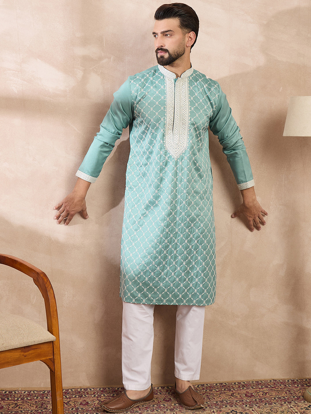 Men Teal Silk Blend Geometric Embroidered Straight Kurta-MKU1693