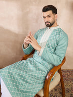 Men Teal Silk Blend Geometric Embroidered Straight Kurta-MKU1693