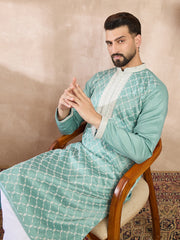 Men Teal Silk Blend Geometric Embroidered Straight Kurta-MKU1693