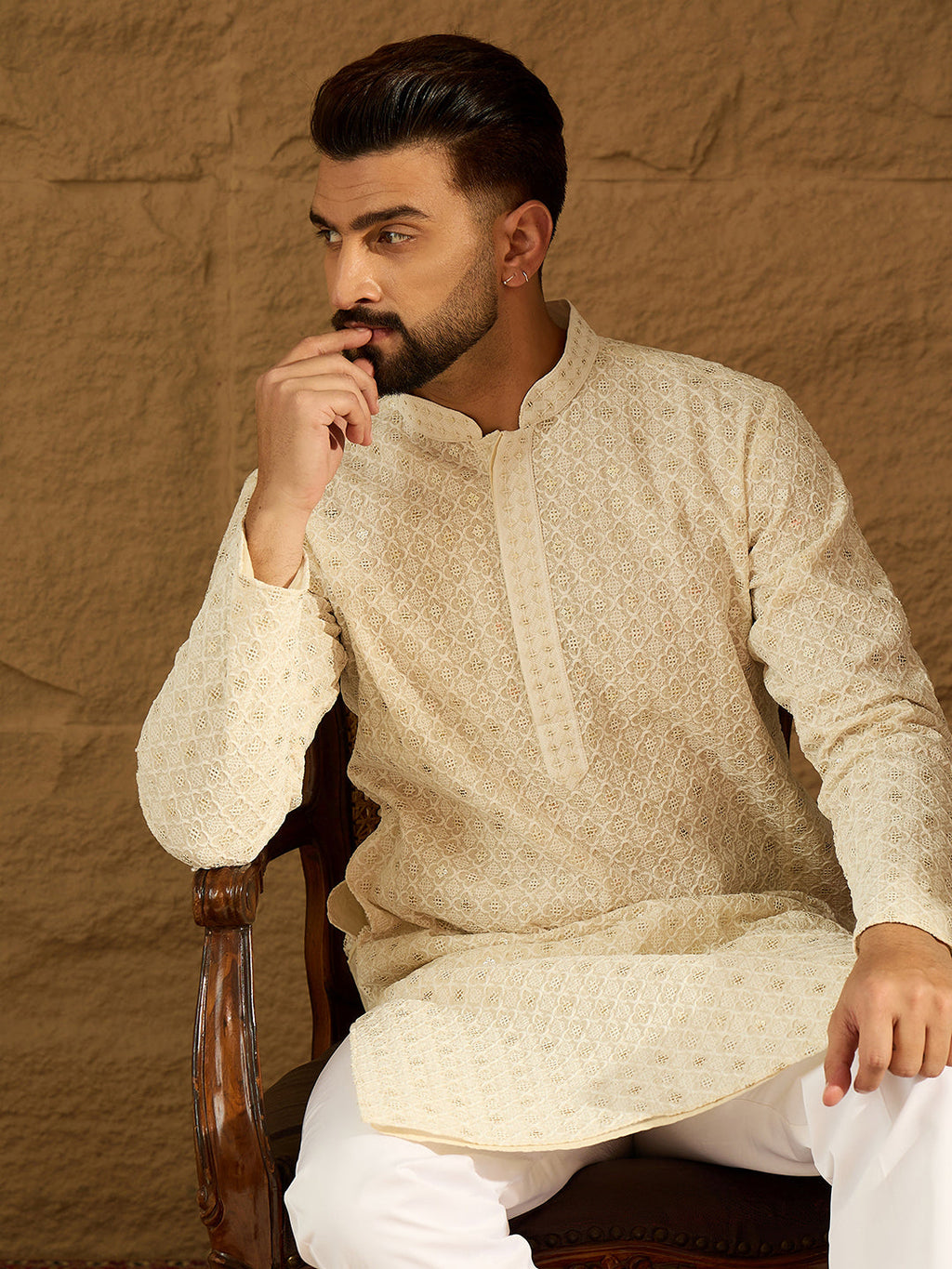 Men Off White Cotton Solid Printed Straight Kurta-MKU1699