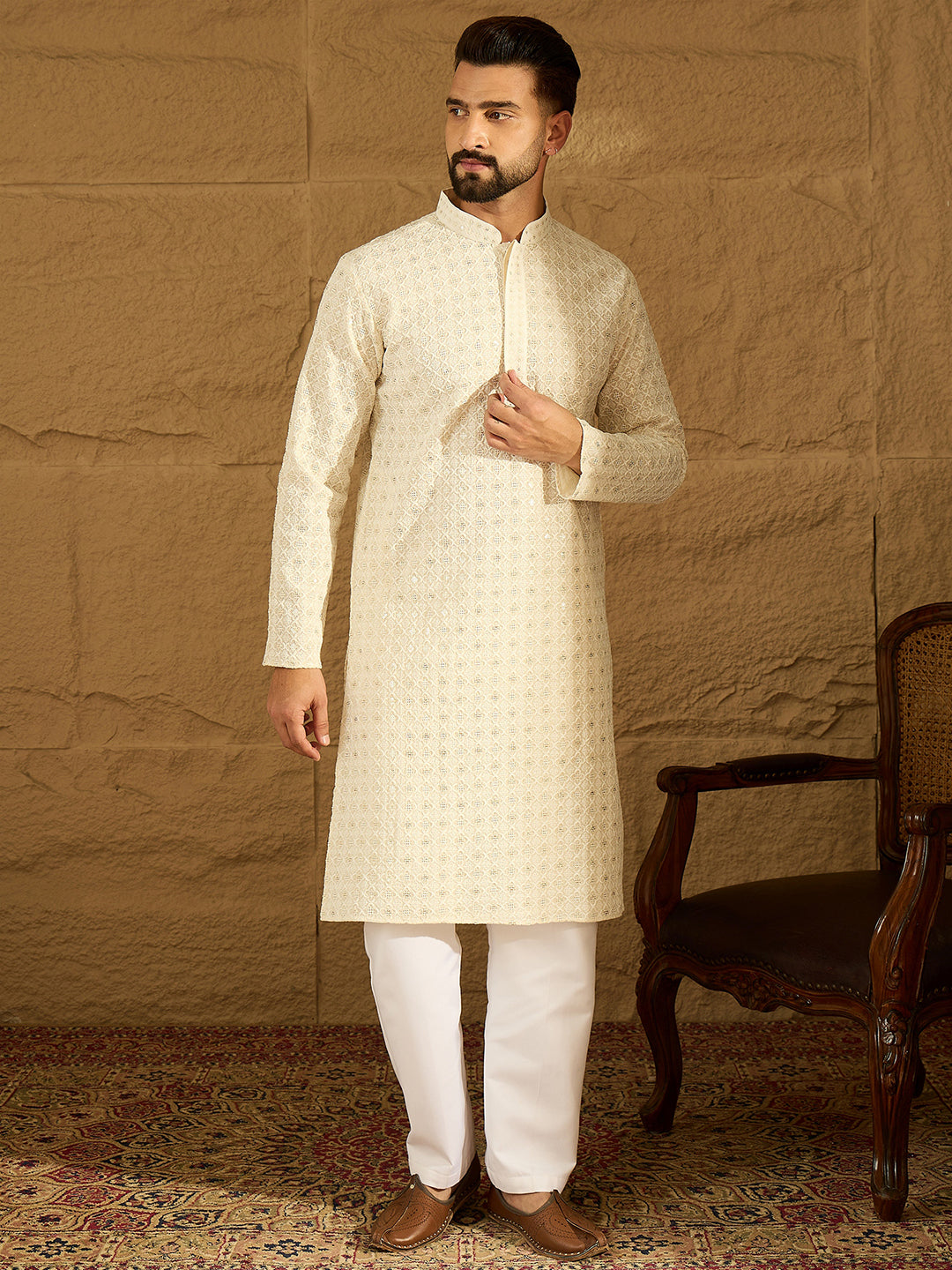 Men Off White Cotton Solid Printed Straight Kurta-MKU1699