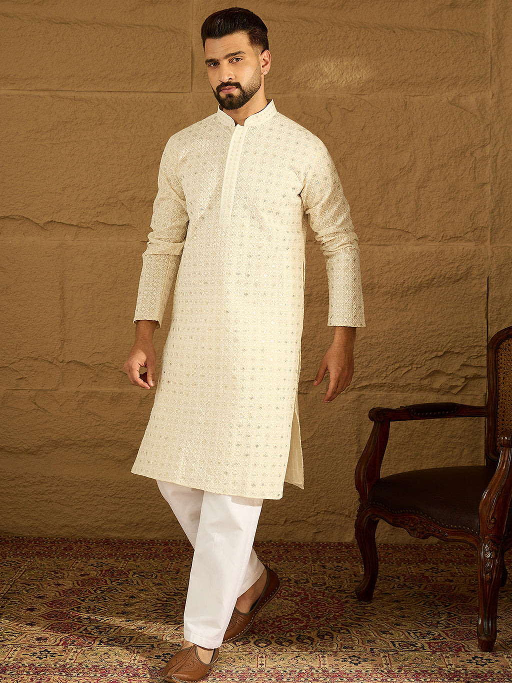 Men Off White Cotton Solid Printed Straight Kurta-MKU1699