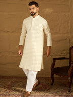 Men Off White Cotton Solid Printed Straight Kurta-MKU1699