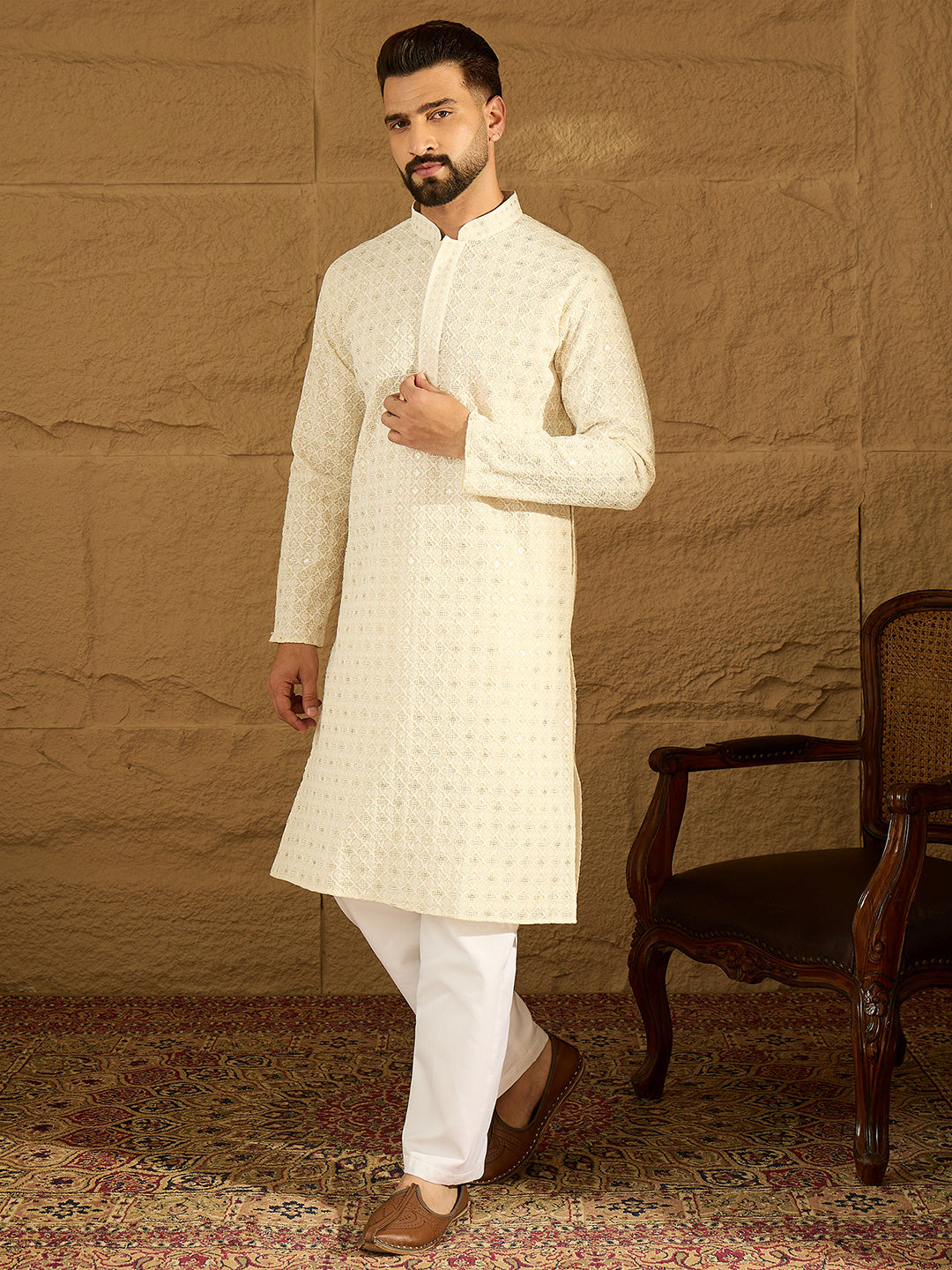 Men Off White Cotton Solid Printed Straight Kurta-MKU1699