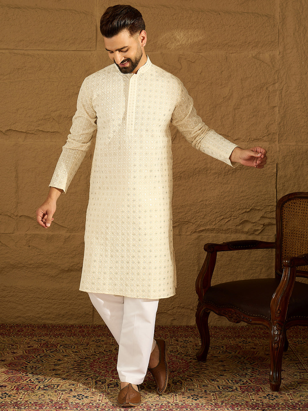 Men Off White Cotton Solid Printed Straight Kurta-MKU1699