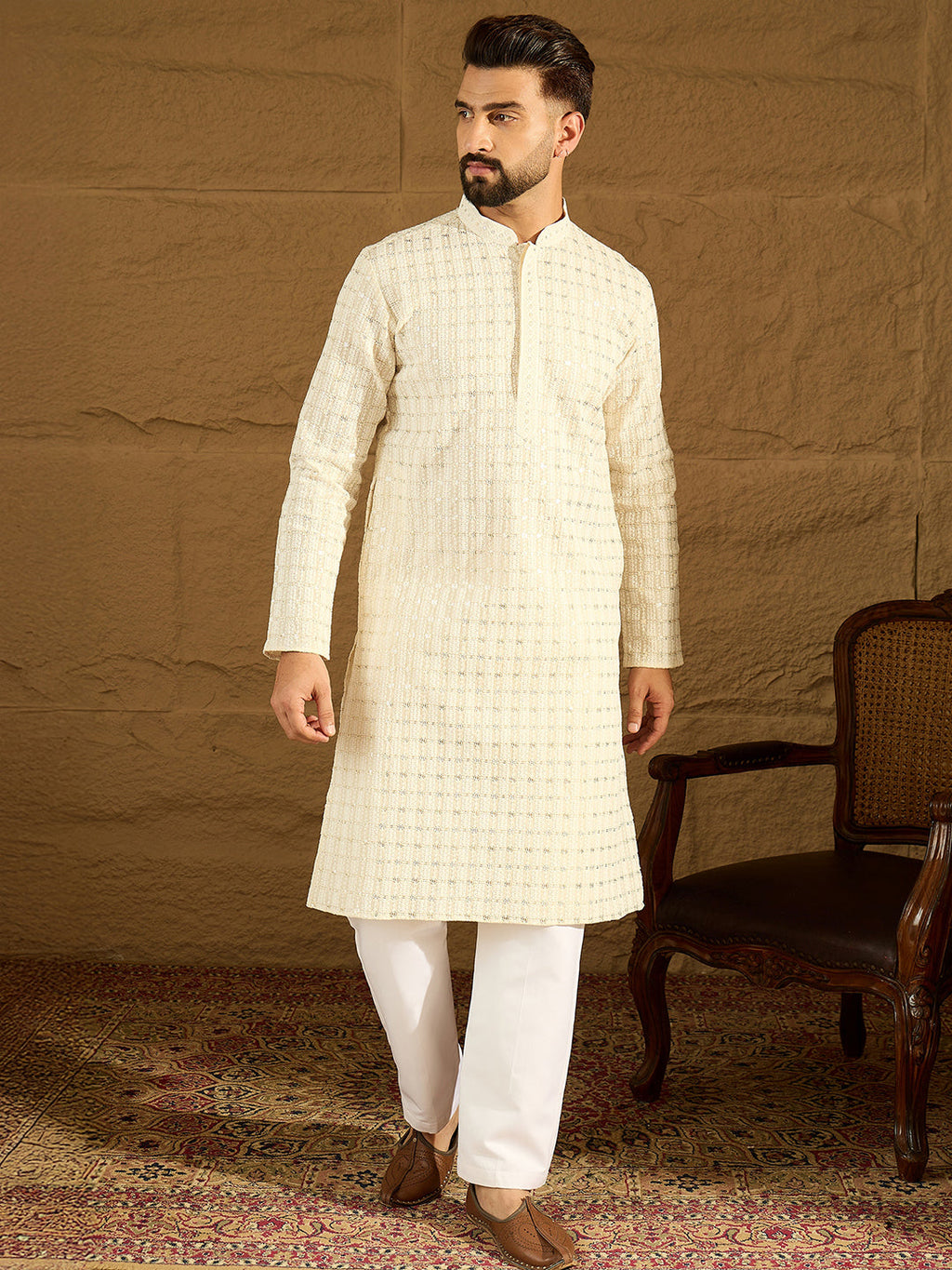 Men Off White Cotton Solid Printed Straight Kurta-MKU1700