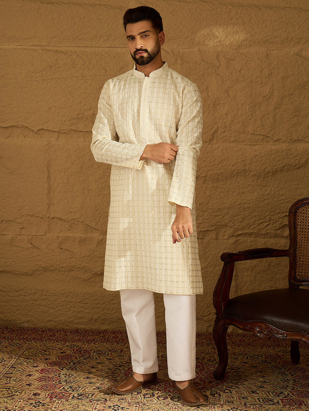 Men Off White Cotton Solid Printed Straight Kurta-MKU1700