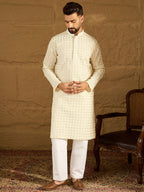 Men Off White Cotton Solid Printed Straight Kurta-MKU1700
