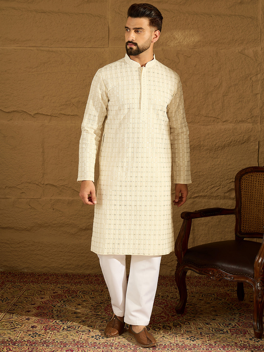 Men Off White Cotton Solid Printed Straight Kurta-MKU1700