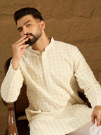 Men Off White Cotton Solid Printed Straight Kurta-MKU1700