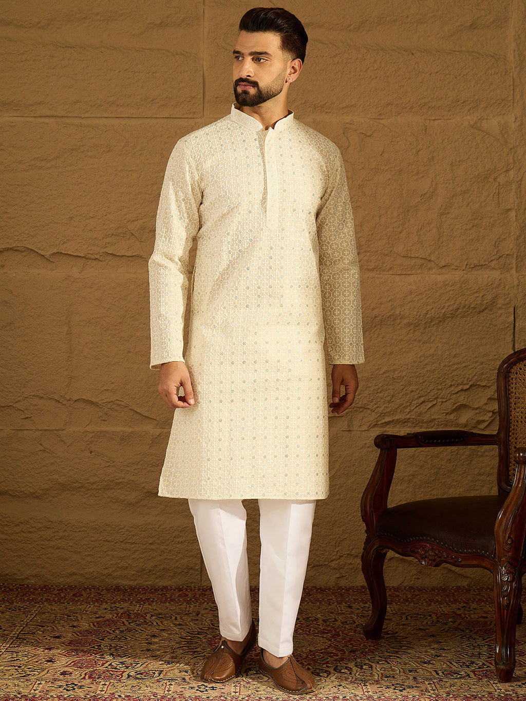 Men Off White Cotton Solid Printed Straight Kurta-MKU1701