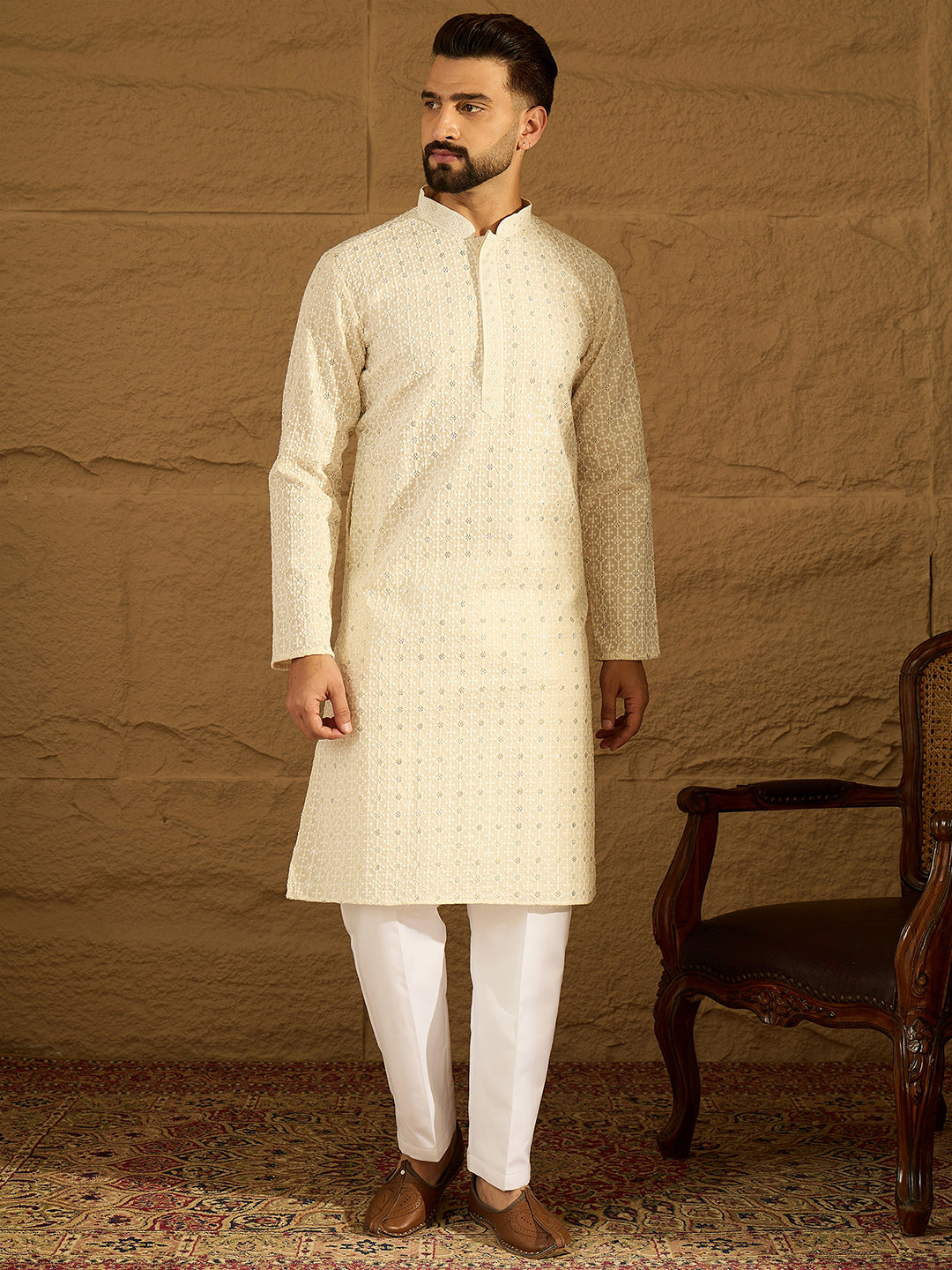 Men Off White Cotton Solid Printed Straight Kurta-MKU1701