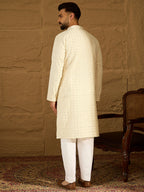 Men Off White Cotton Solid Printed Straight Kurta-MKU1701