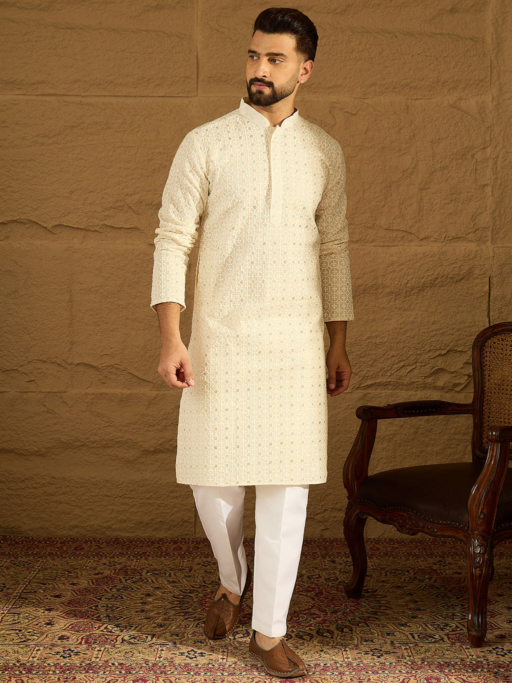 Men Off White Cotton Solid Printed Straight Kurta-MKU1701