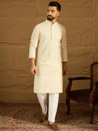 Men Off White Cotton Solid Printed Straight Kurta-MKU1701