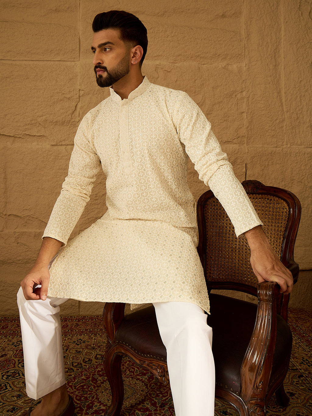Men Off White Cotton Solid Printed Straight Kurta-MKU1701
