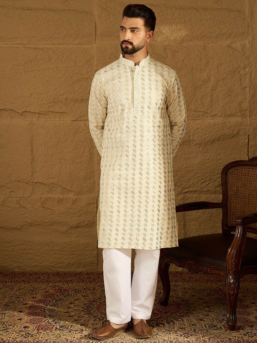 Men Off White Cotton Solid Printed Straight Kurta-MKU1702