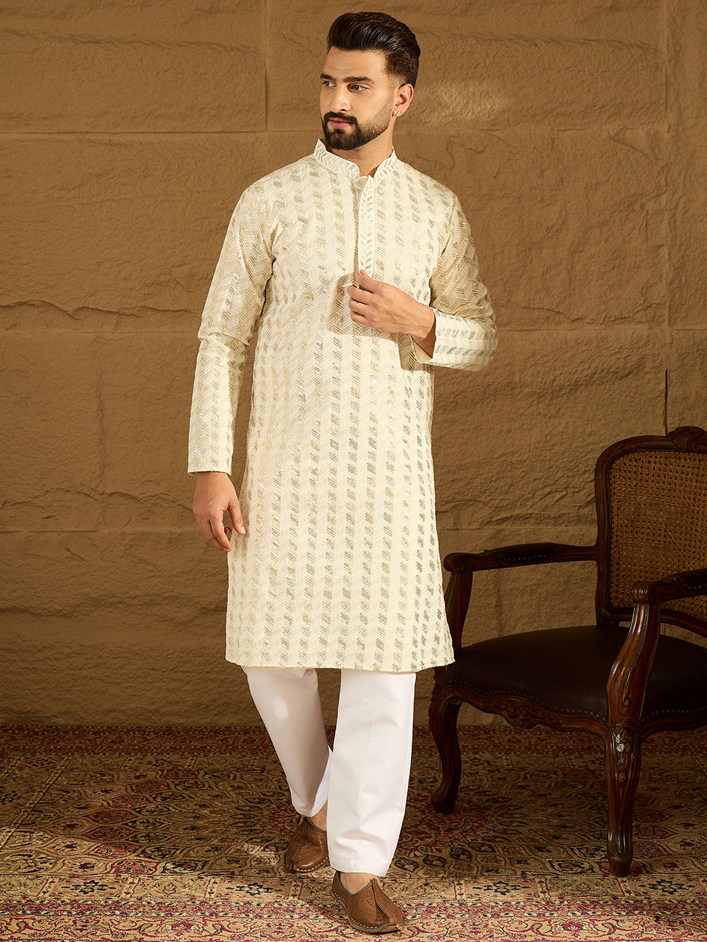 Men Off White Cotton Solid Printed Straight Kurta-MKU1702