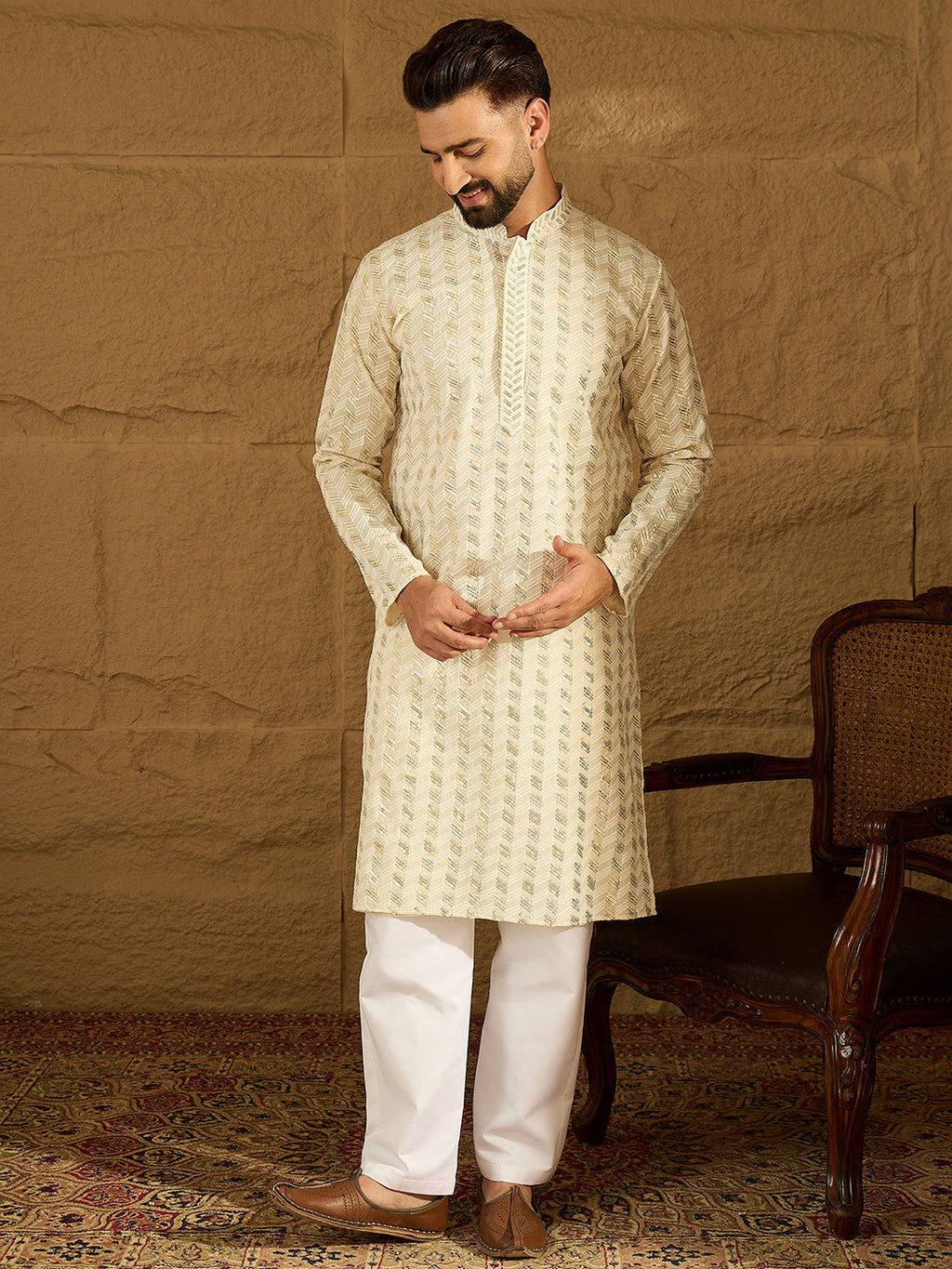 Men Off White Cotton Solid Printed Straight Kurta-MKU1702